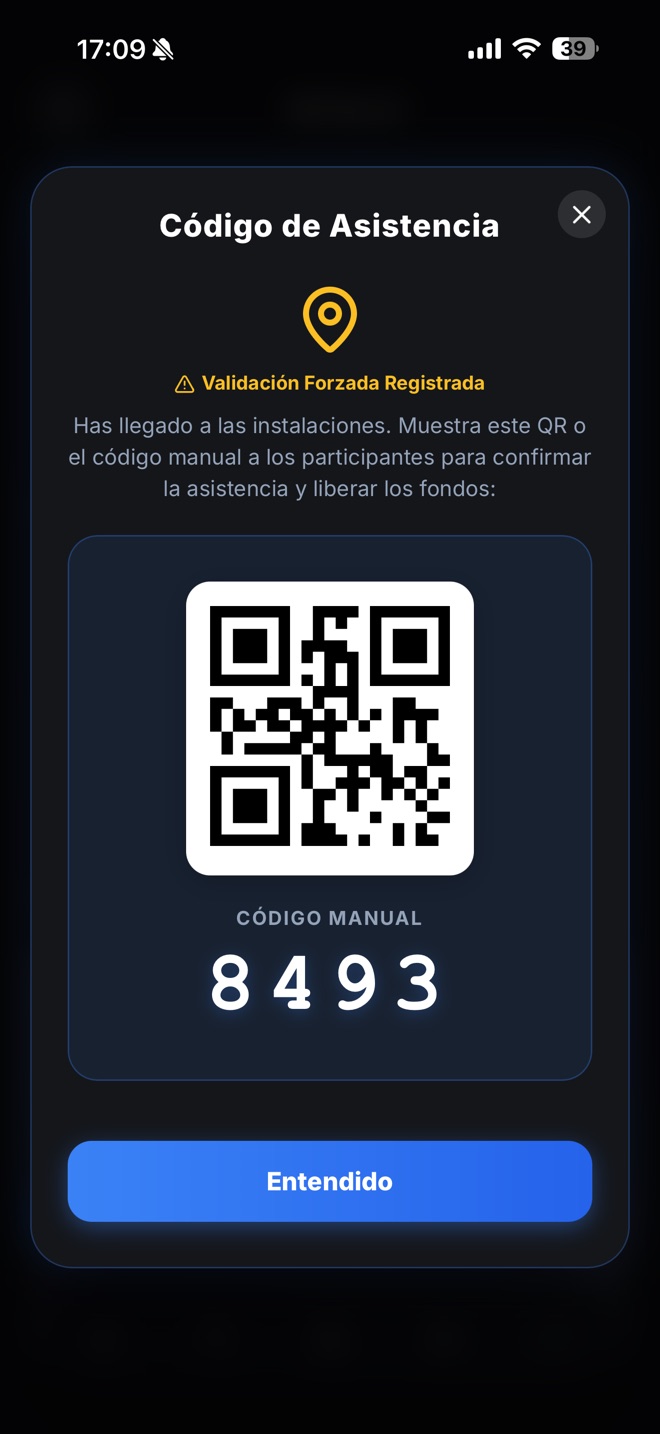 Pantalla de la app: código de asistencia con GPS para confirmar que el grupo llegó al campo.