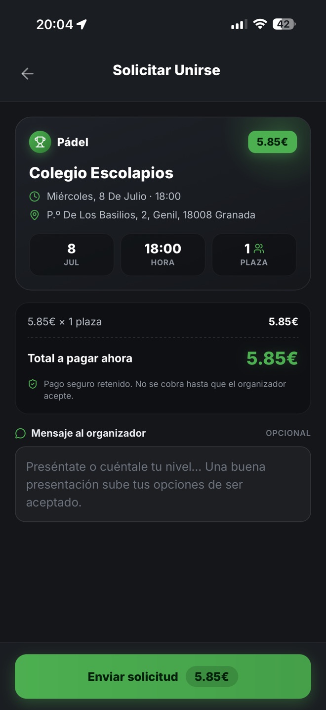 Pantalla de la app: el pago queda retenido de forma segura hasta que el organizador acepta.